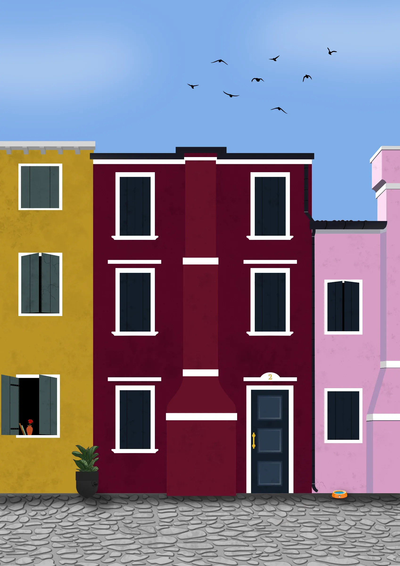En vector illustration af nogle huse på øen Burano i Italien nær Venedig