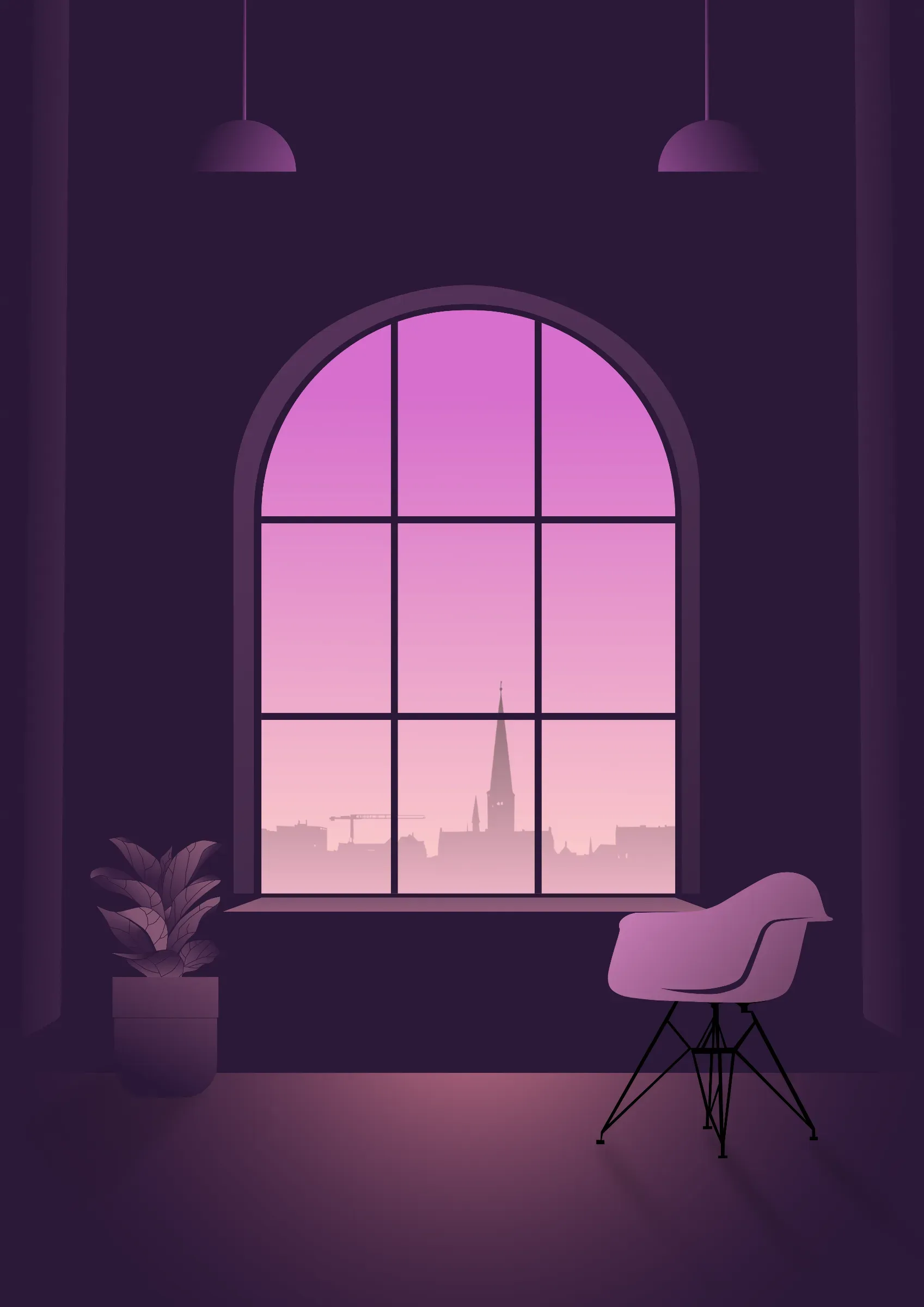 En pink skyline med Aarhus i vinduet